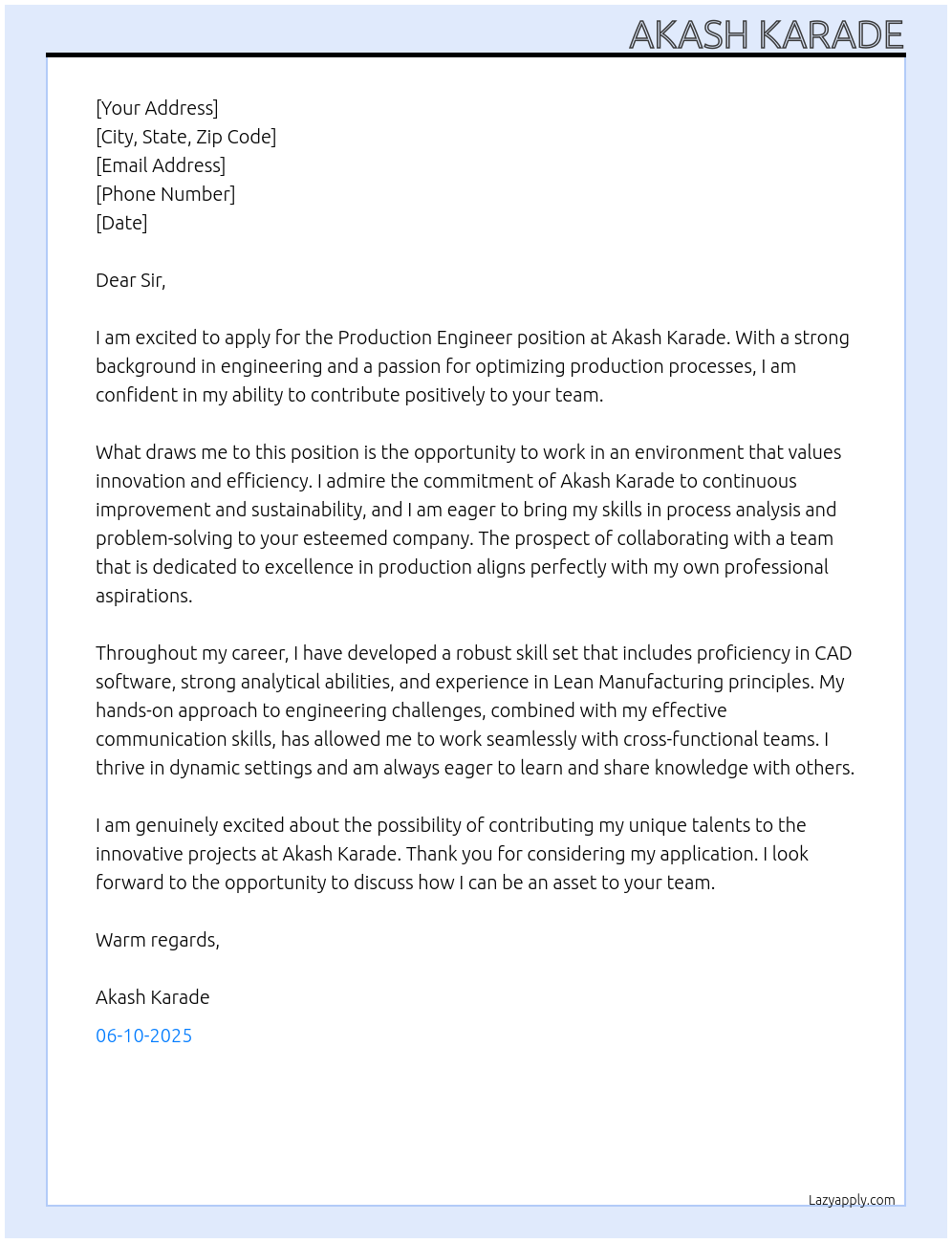Production Engineer At Akash Karade Cover Letter