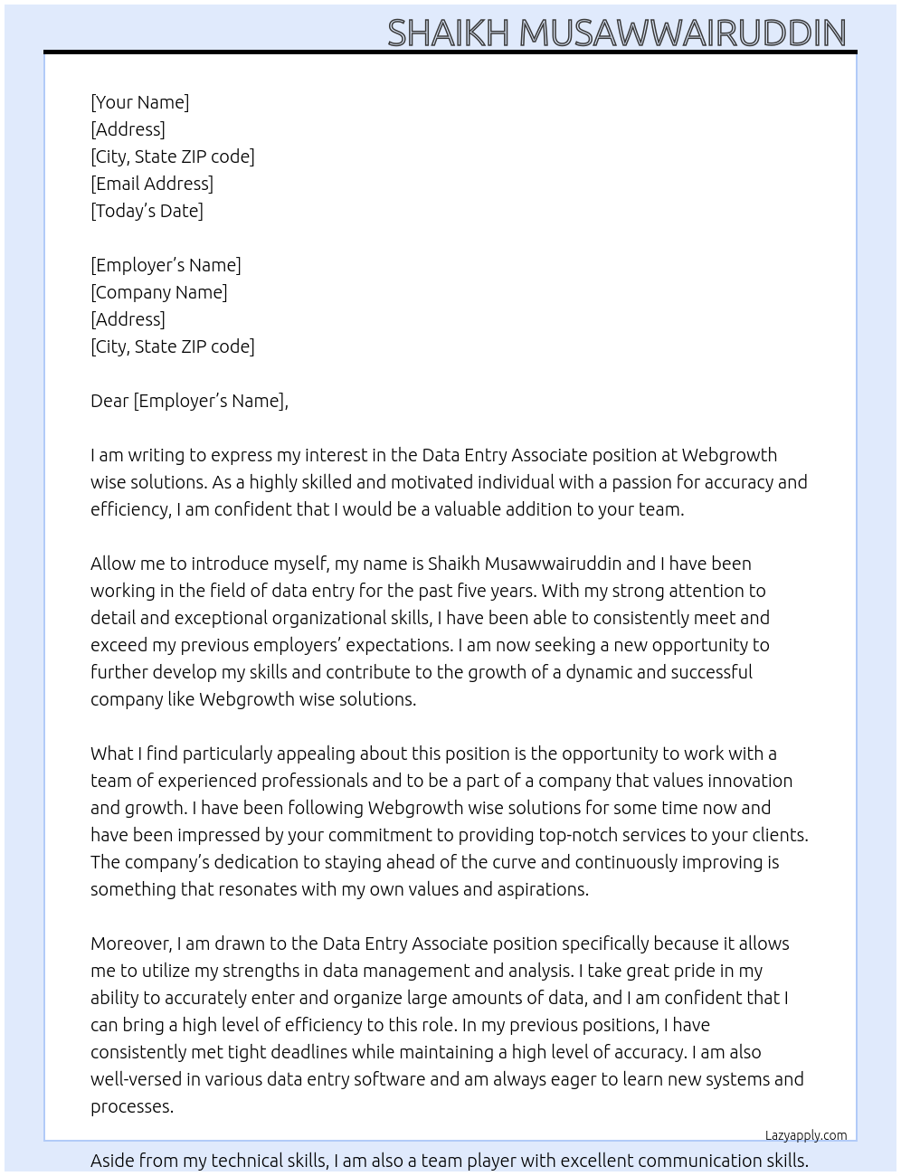 Data entry associate At Webgrowth wise solutions Cover Letter
