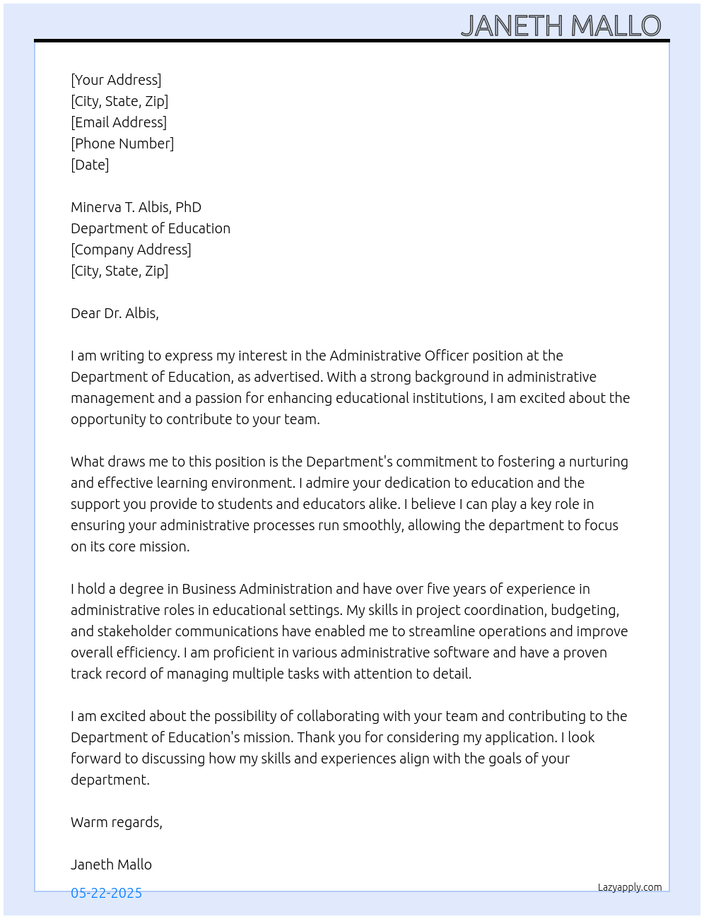 Administrative officer At Department of Education Cover Letter