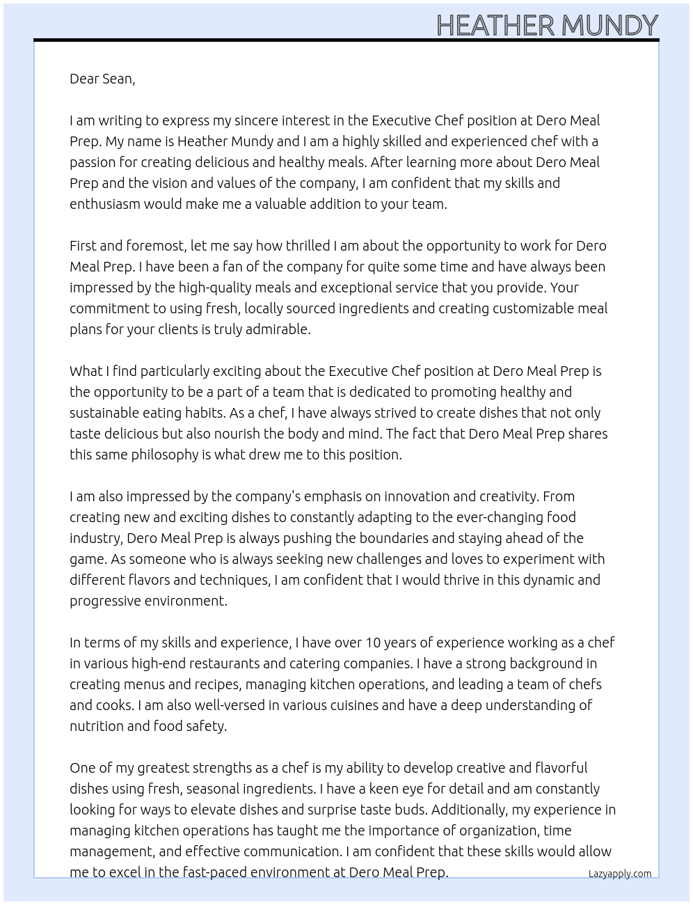 Executive Chef At Dero Meal Prep Cover Letter