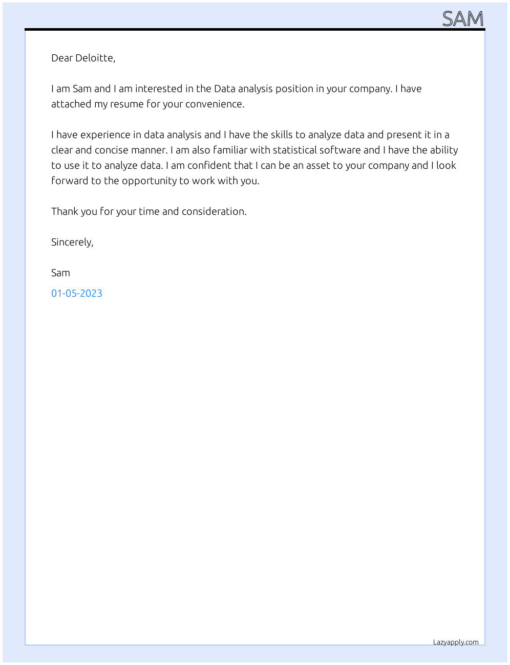 Data analysis At Deloitte Cover Letter