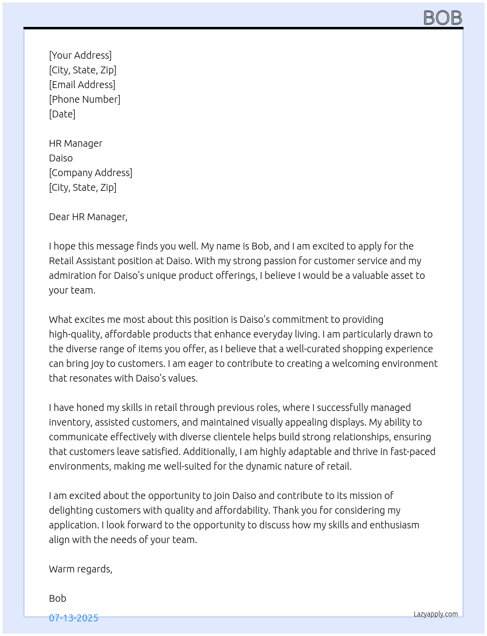 retail assistant At daiso Cover Letter