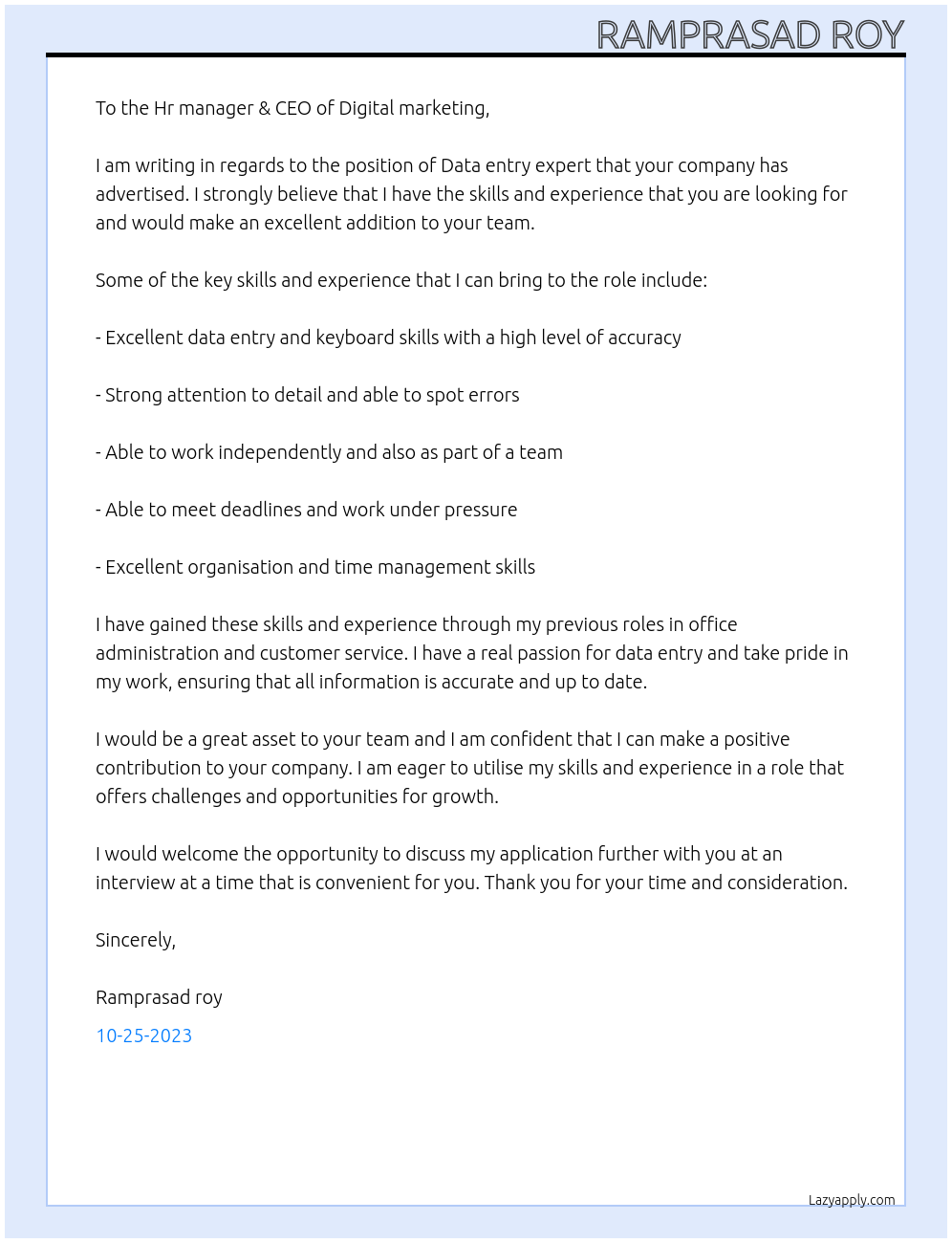 Data entry expert At Digital marketing Cover Letter