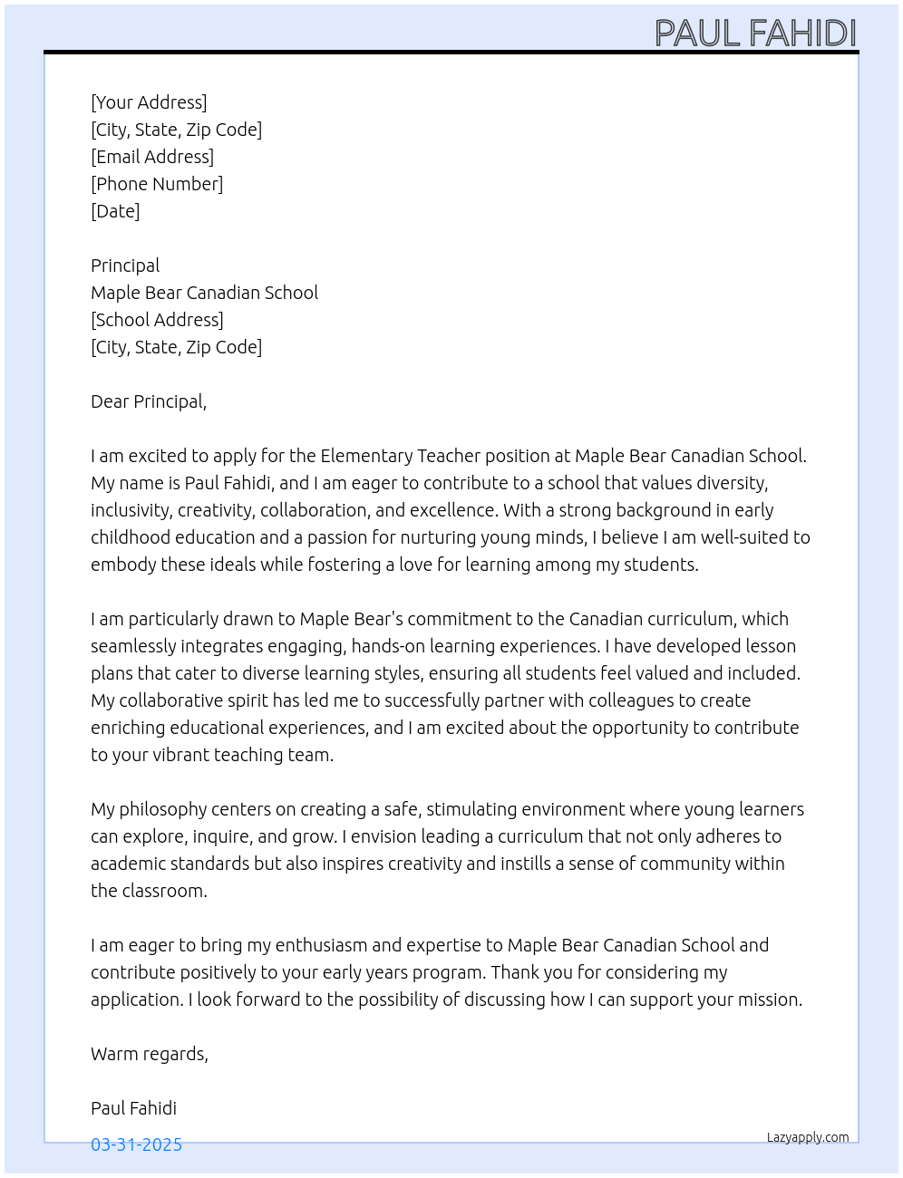 Elementary Teacher At Maple Bear Canadian School Cover Letter