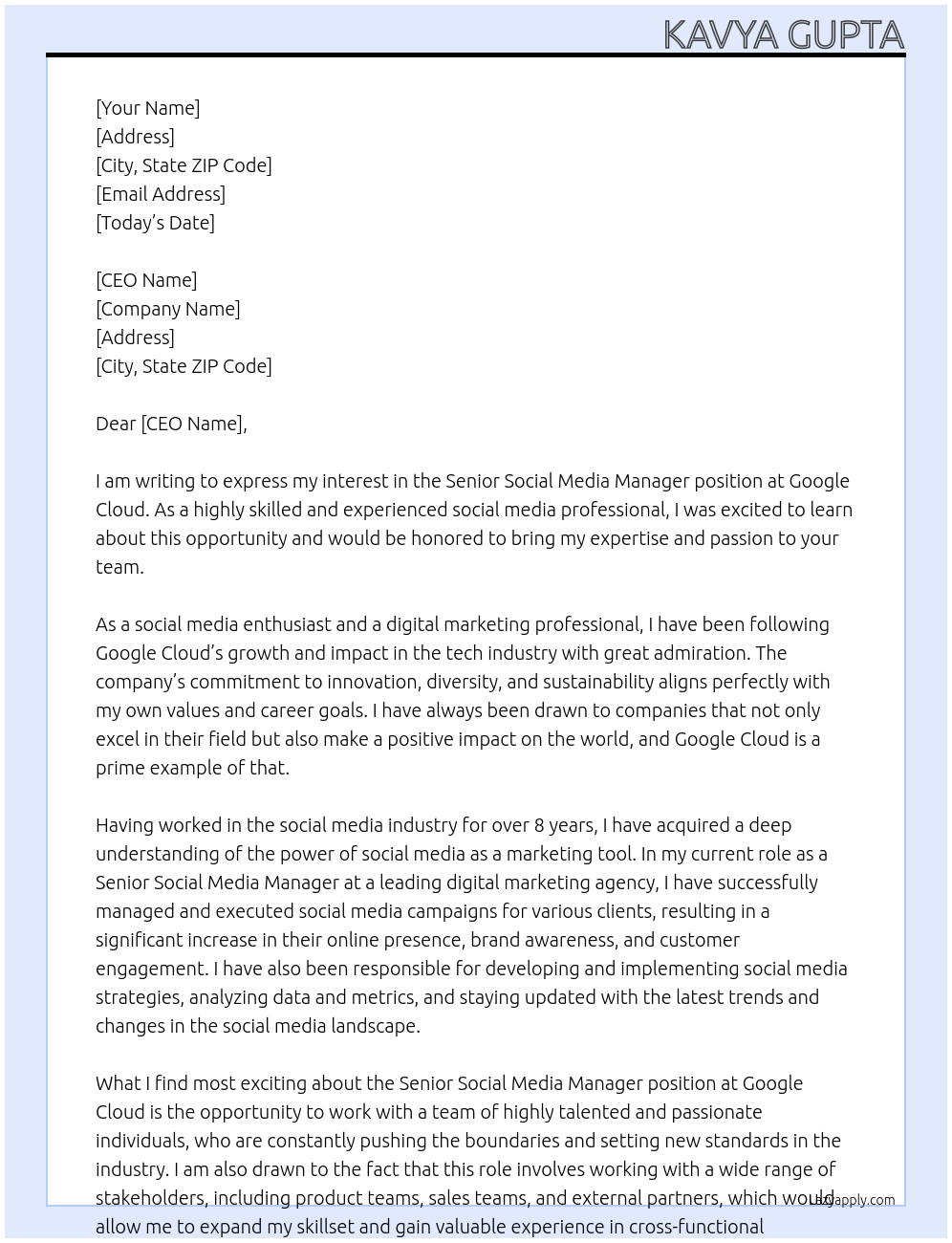 Senior Social Media Manager At Google Cloud Cover Letter