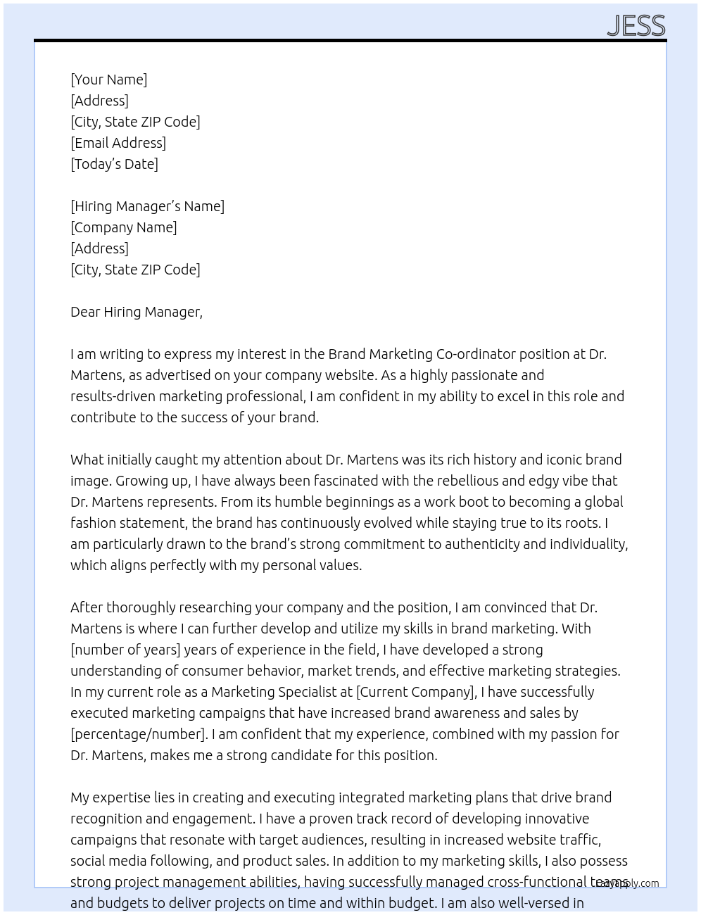 brand marketing co-ordinator At dr martens Cover Letter