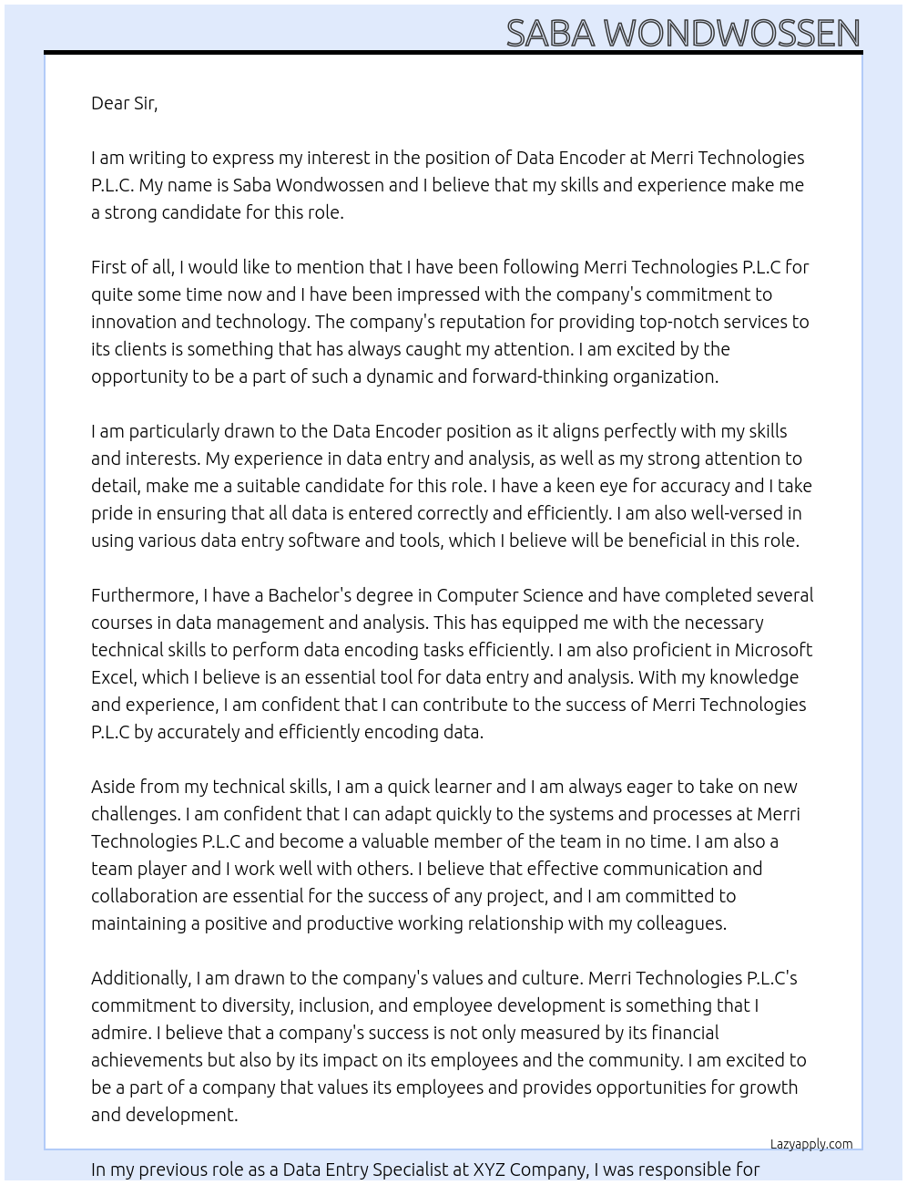 data encoder At Merri Technologies P.L.C Cover Letter