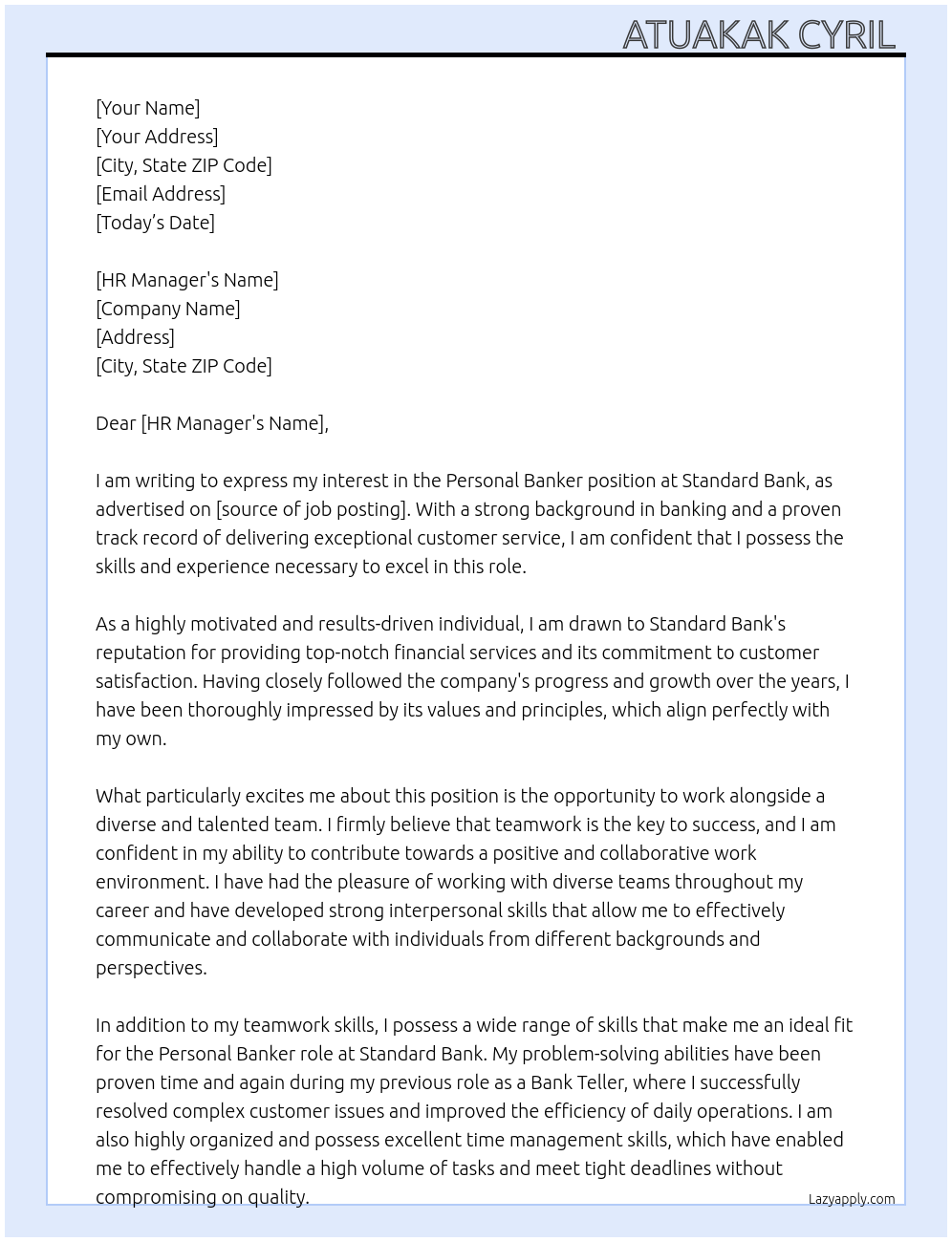 Personal Banker At Standard Bank Cover Letter