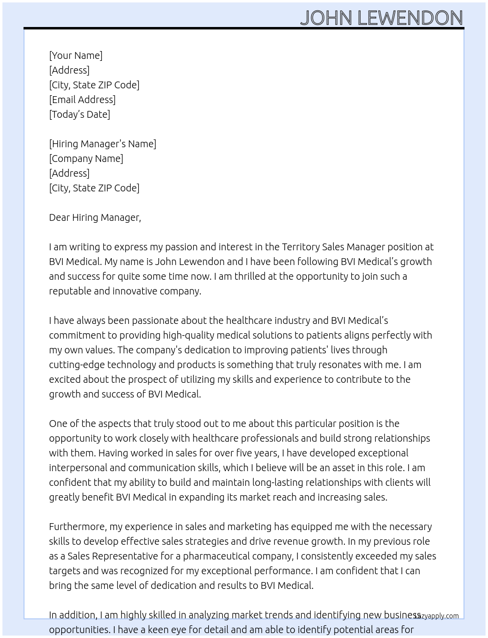 Territory Sales Manager At BVI Medical Cover Letter