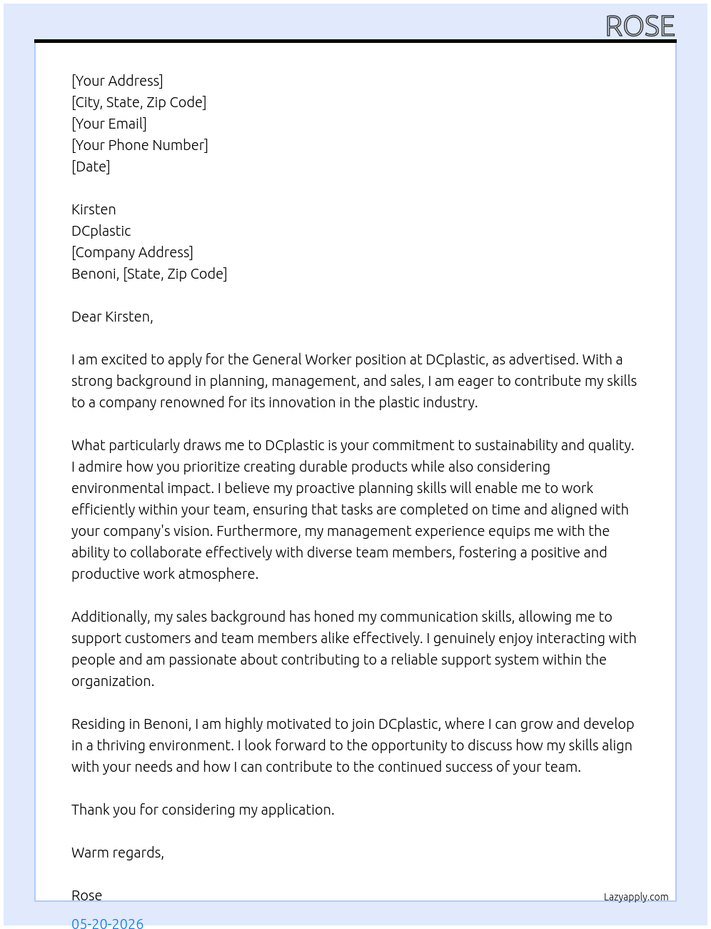 General worker  At DCplastic Cover Letter