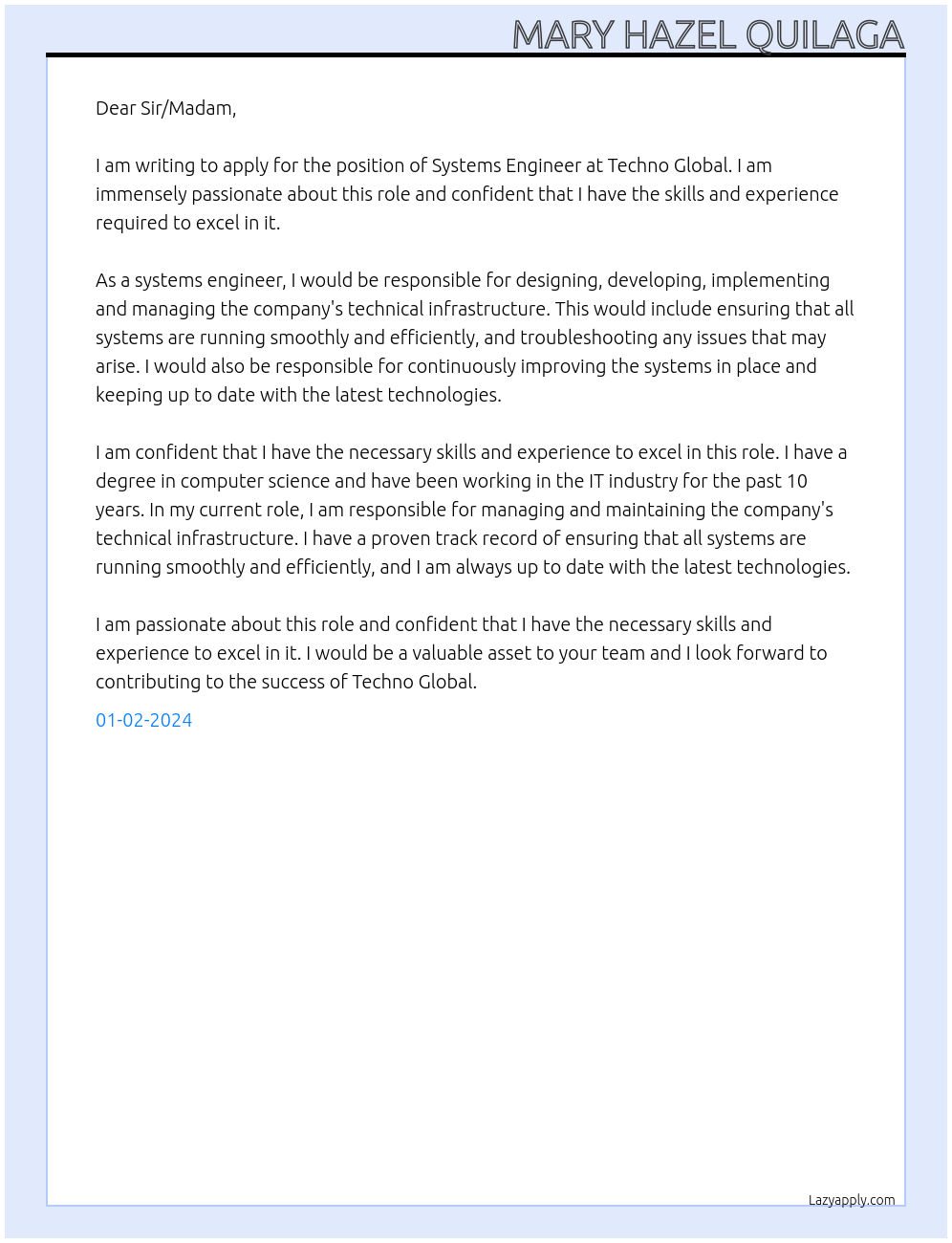 Systems Engineer At Techno Global Cover Letter