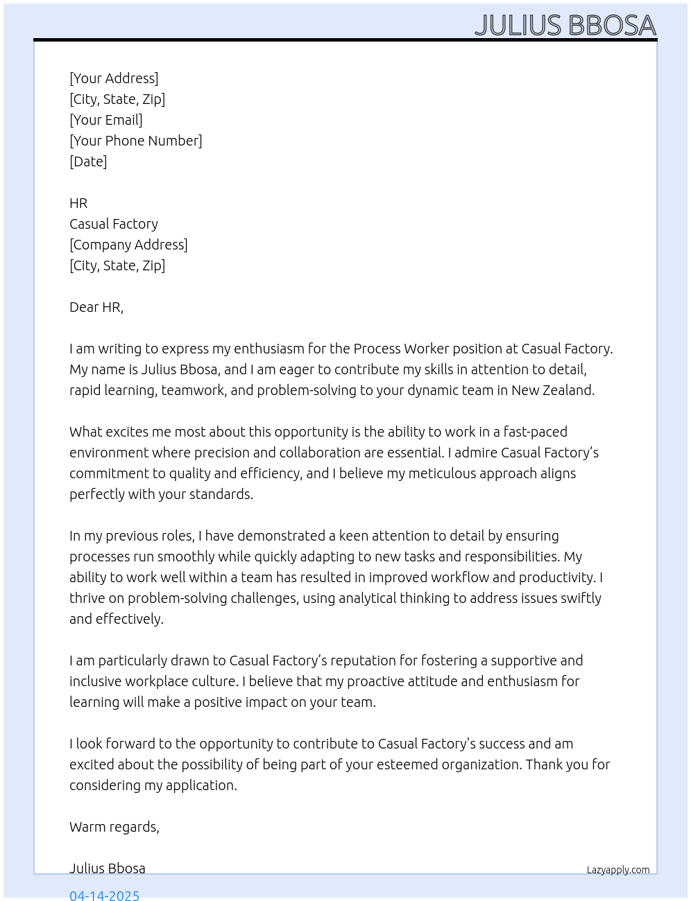 Cover letter for process worker - LazyApply