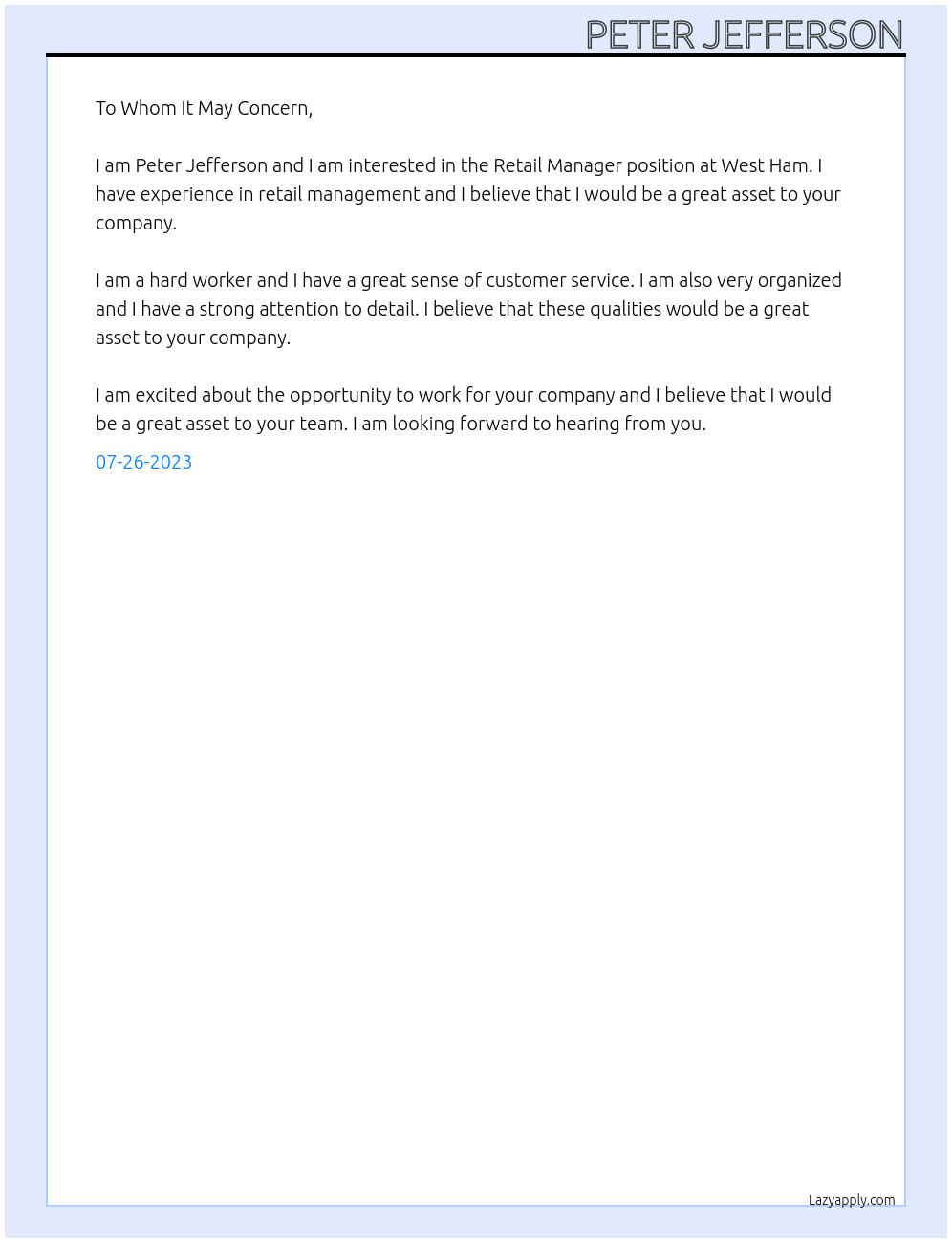 Retail Manager At West Ham Cover Letter