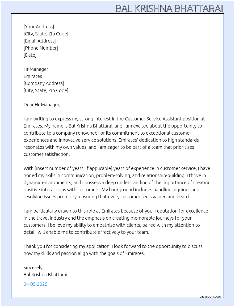 Customer service Assistant At Emirates Cover Letter