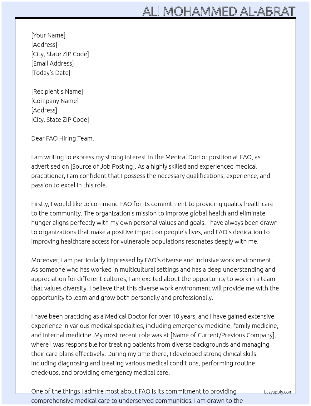medical doctor At FAO Cover Letter