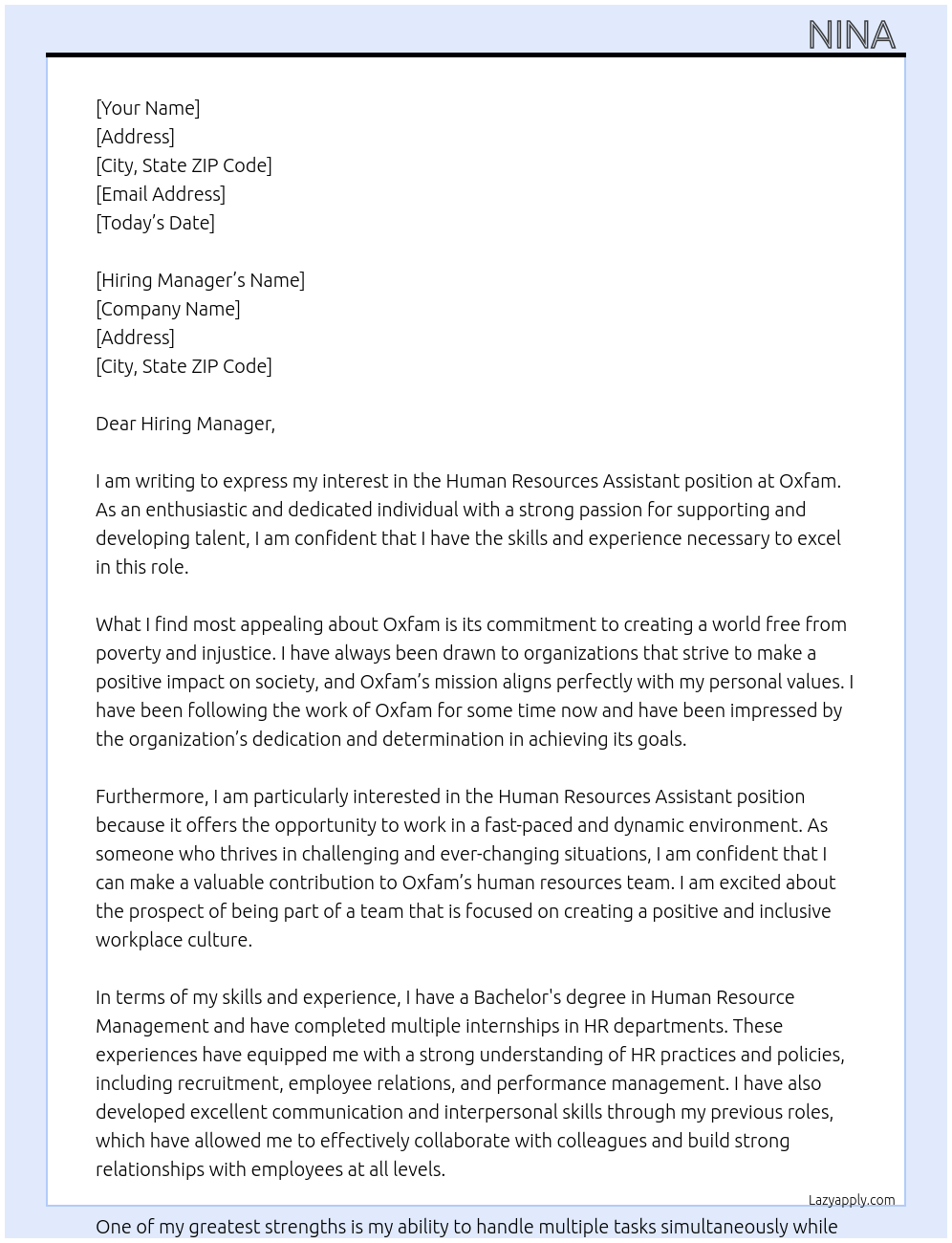 human resources assistant At oxfam Cover Letter