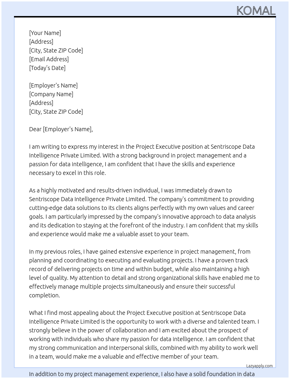 Project Executive At Sentriscope Data Intelligence Private Limited Cover Letter