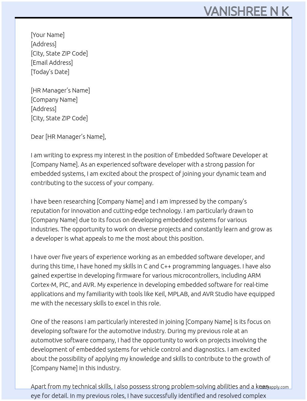 embedded software developer At company Cover Letter