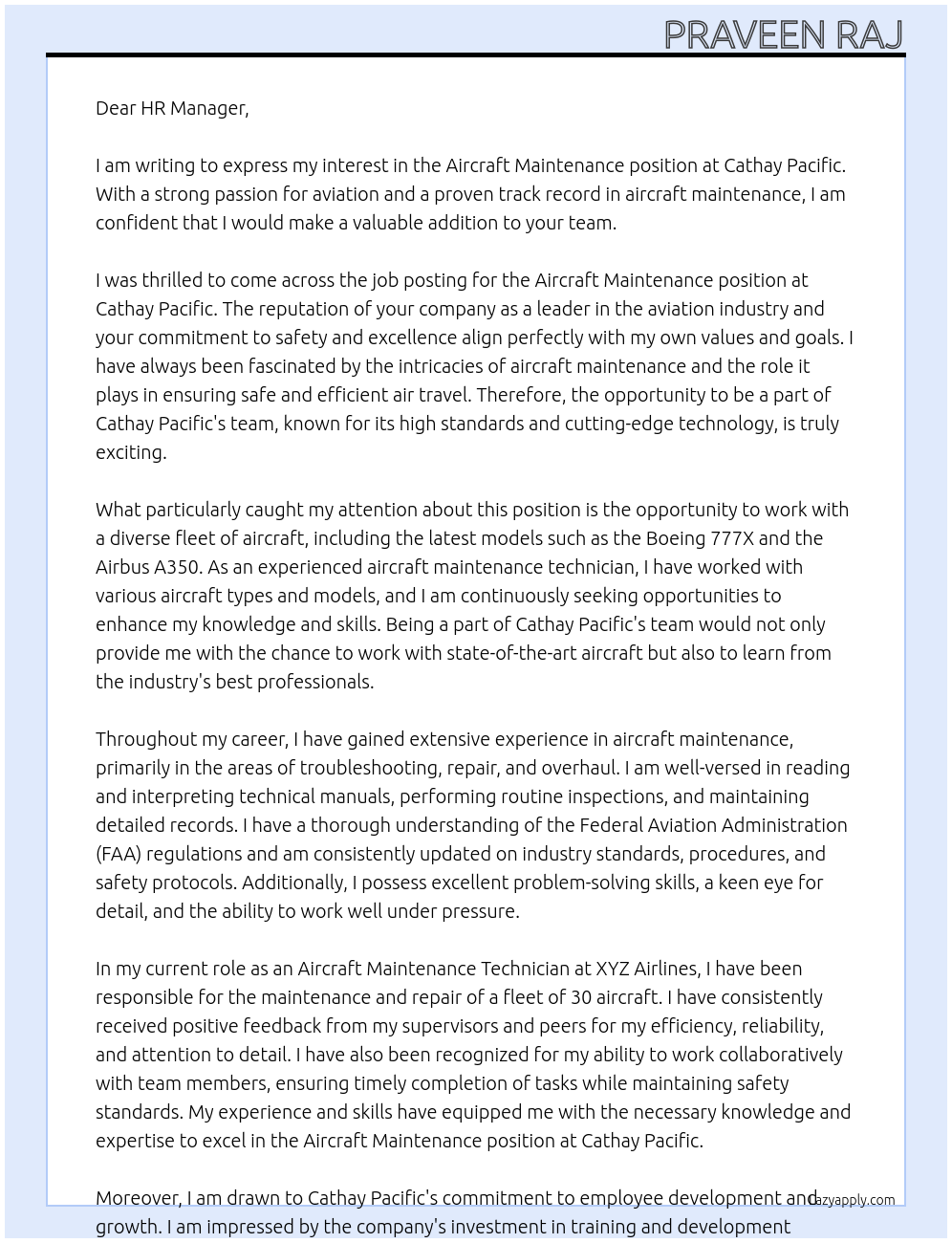 Aircraft maintenance  At Cathay Pacific  Cover Letter
