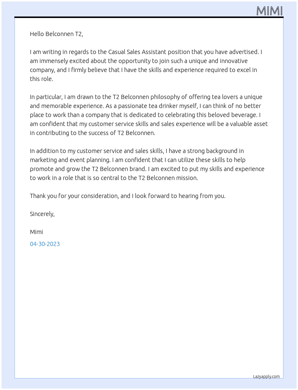 Casual Sales Assistant At T2 Belconnen  Cover Letter