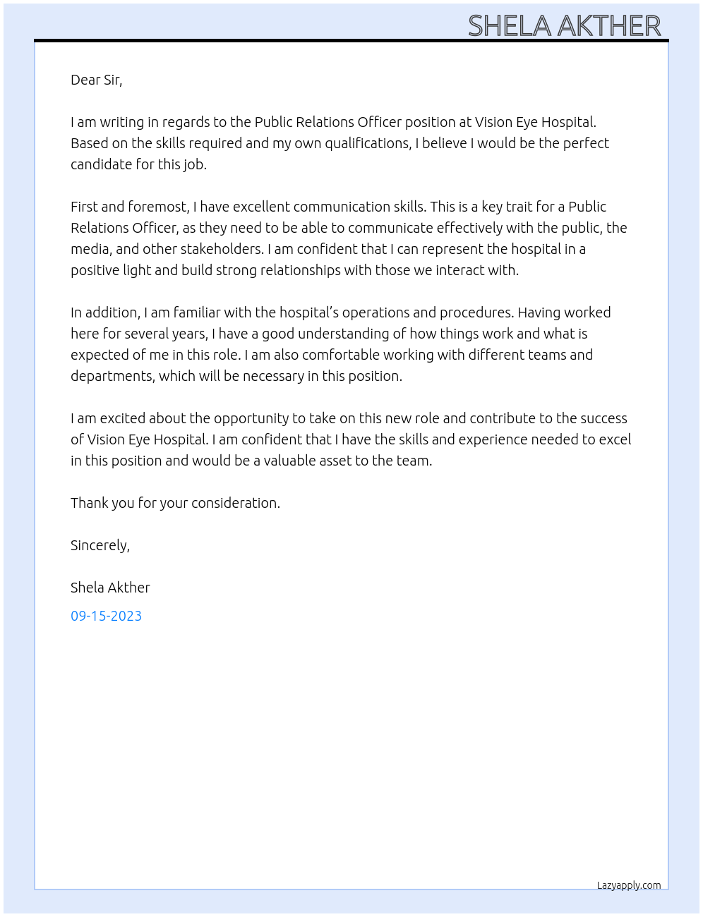 Public Relation Officer At Vision Eye Hospital Cover Letter