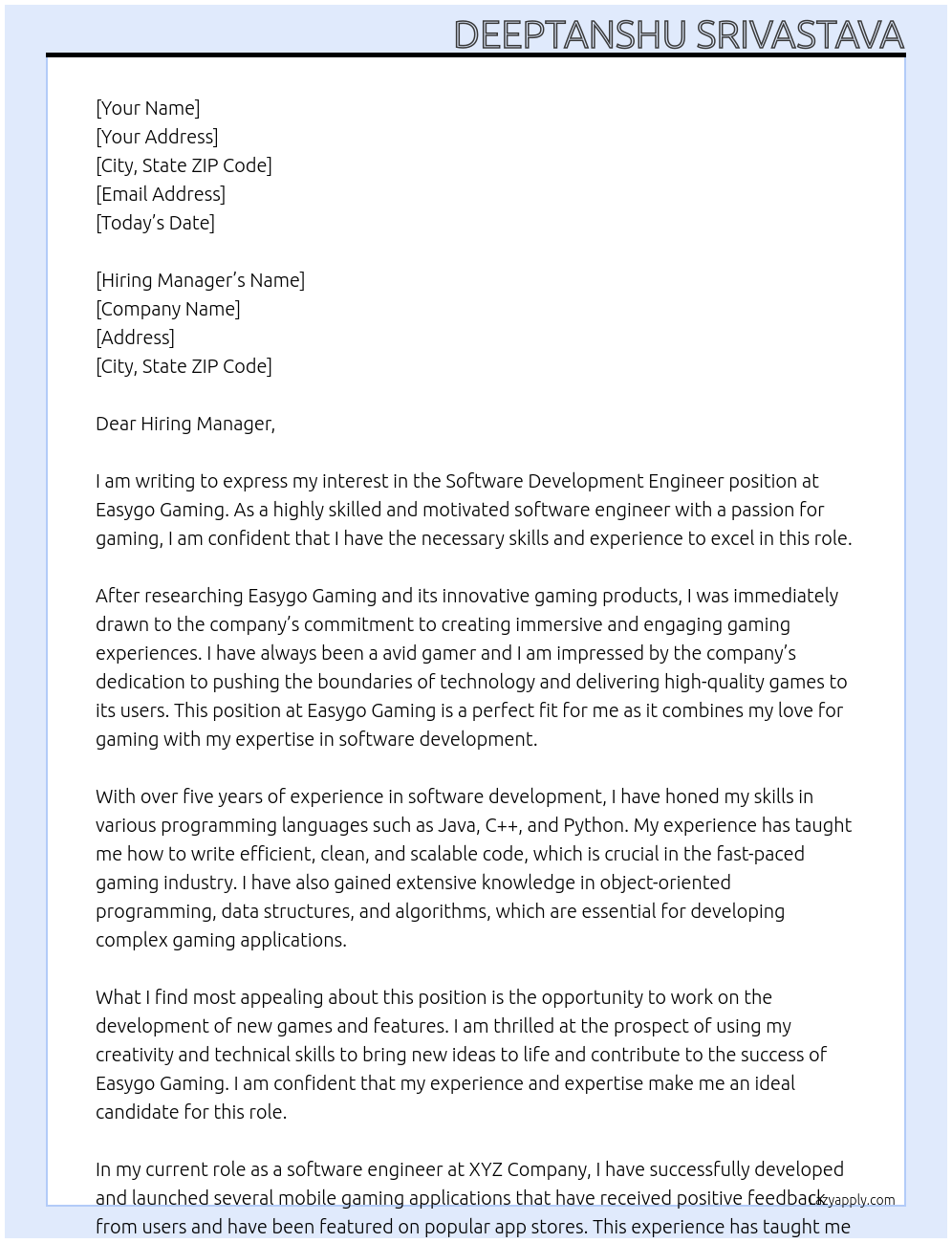 Software Development Engineer At Easygo Gaming Cover Letter