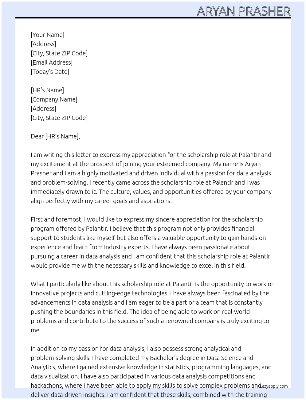 Scholarship At Palantir Cover Letter