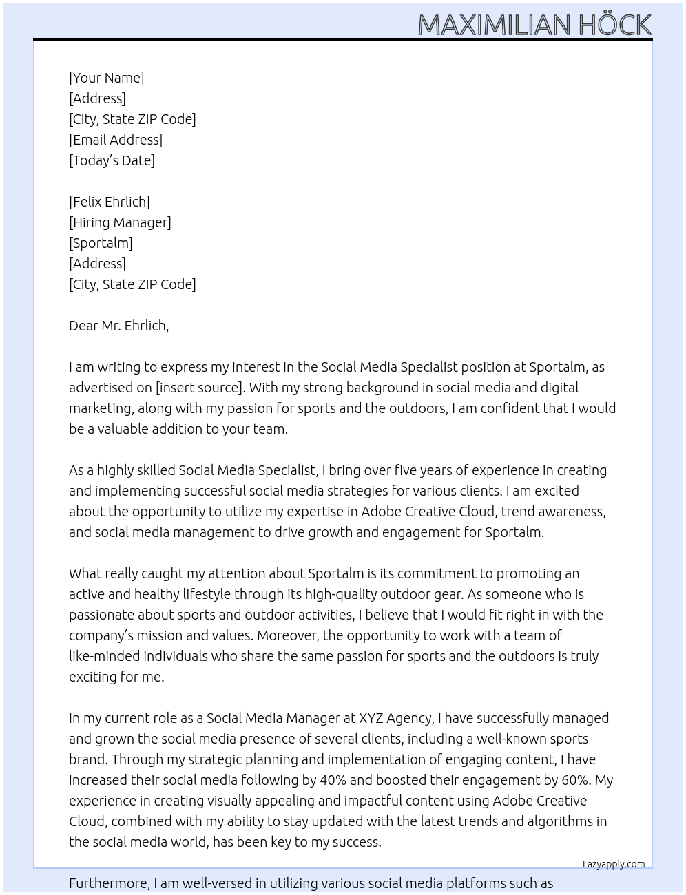 Social Media Specialist At Sportalm Cover Letter