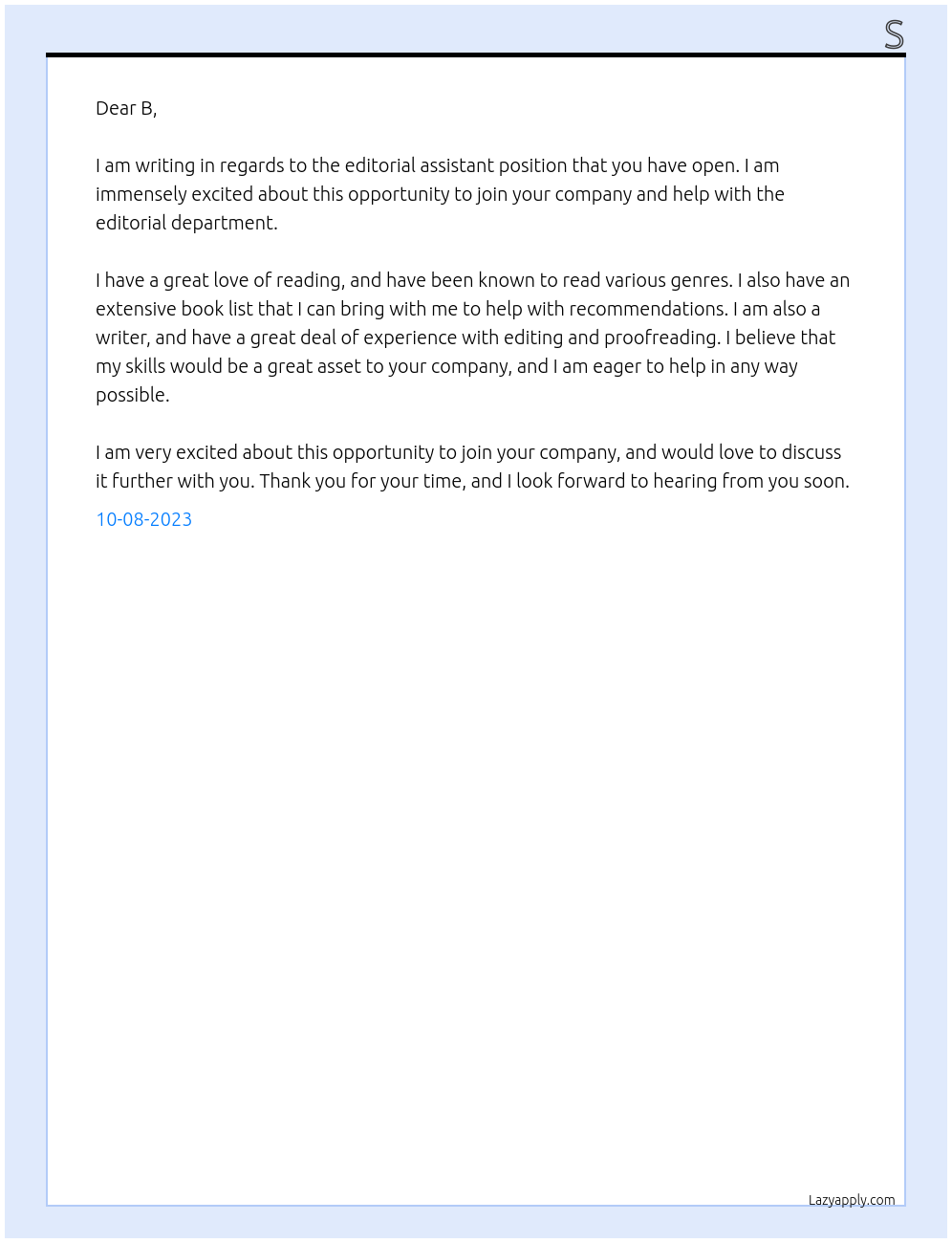 Editorial assistant  At B Cover Letter