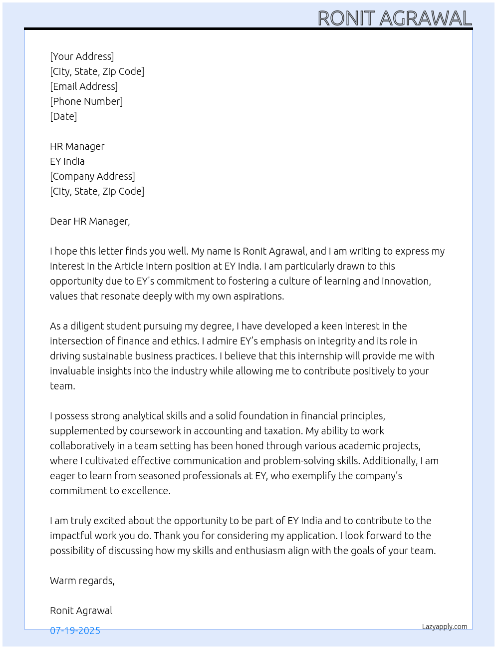 Cover letter for article intern - LazyApply