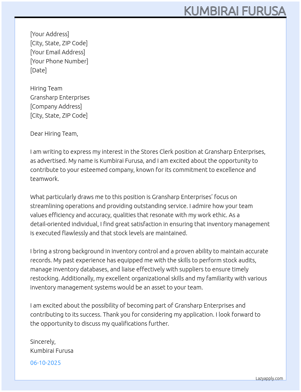 Stores Clerk At Gransharpenterprises Cover Letter