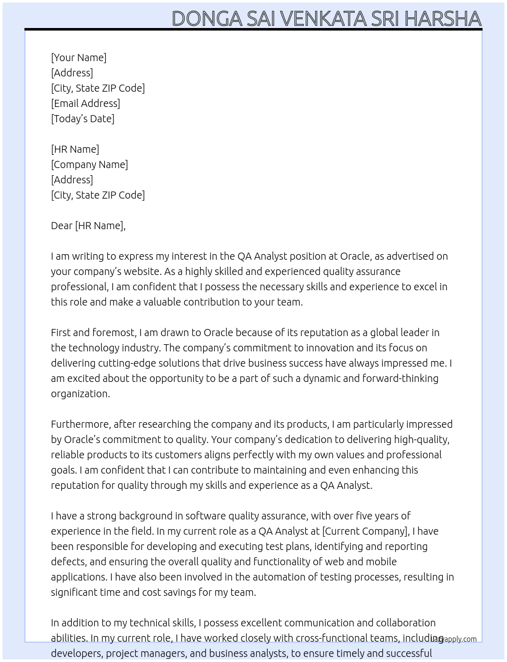 QA Analyst At Oracle Cover Letter