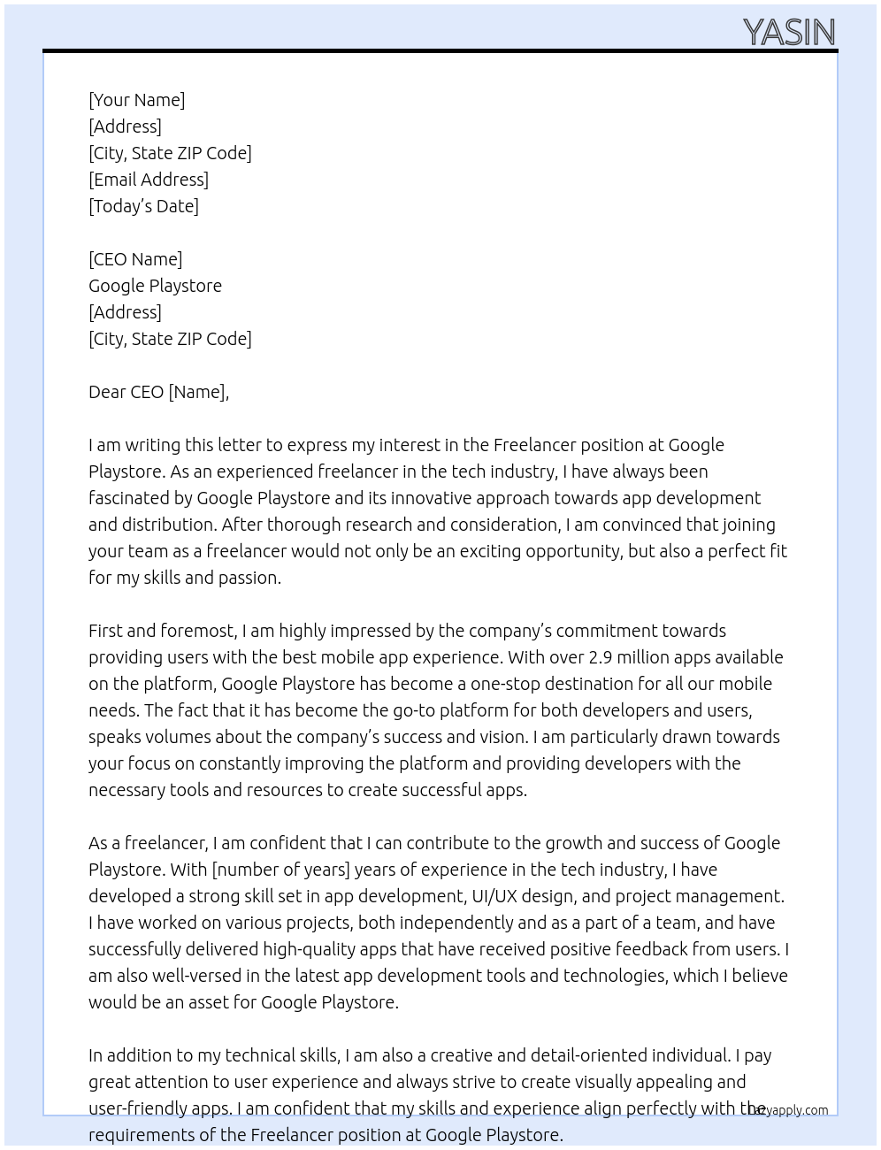 Freelancer At Google playstore Cover Letter