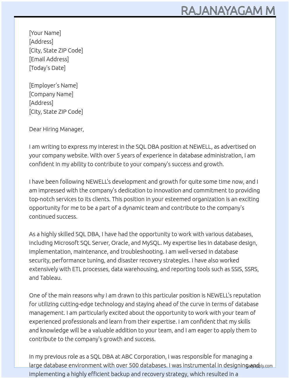 Cover letter for sql dba - LazyApply