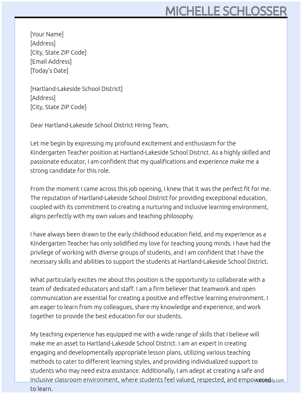 Kindergarten Teacher At Hartland-Lakeside School District Cover Letter