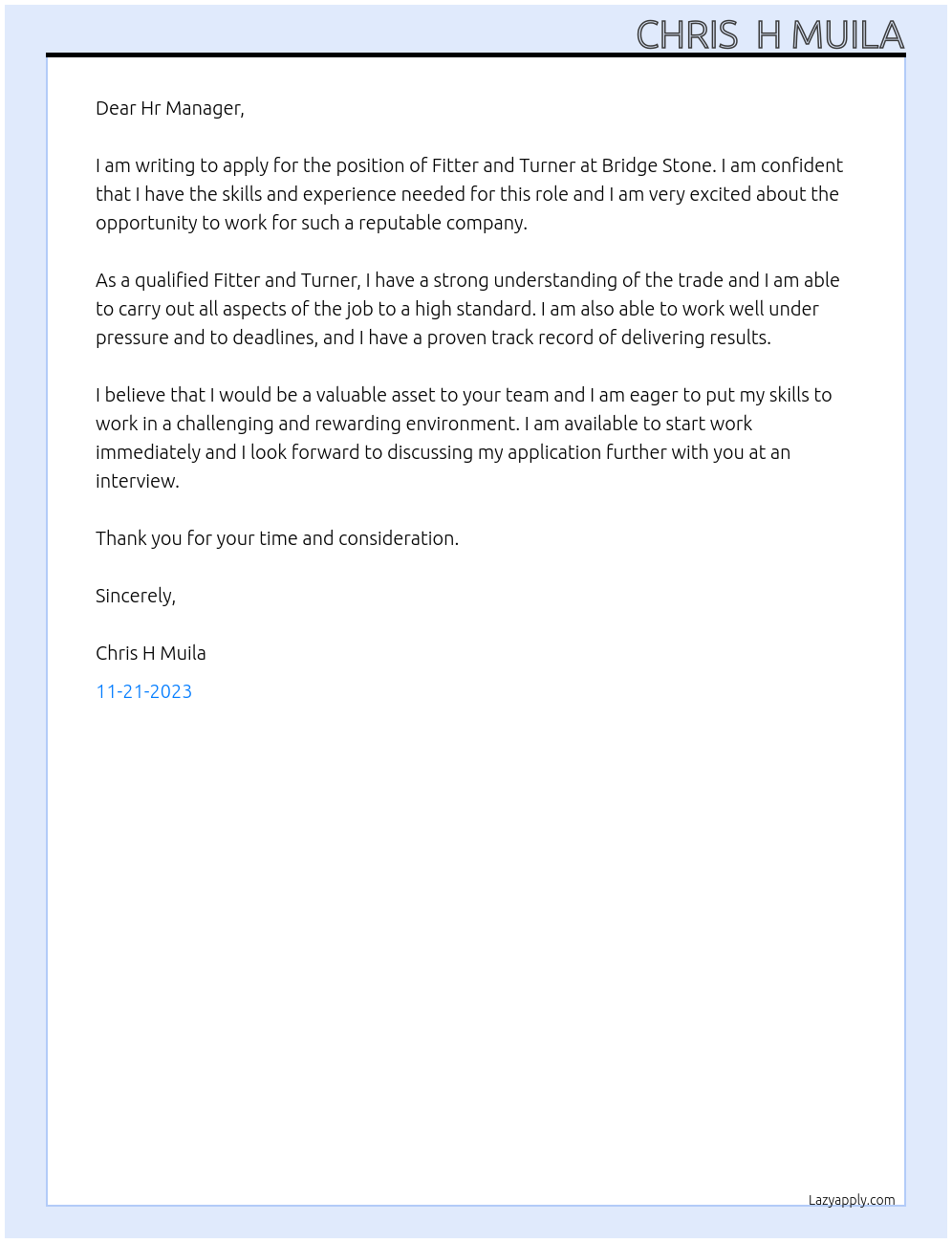 FITTER AND TURNER At Bridge stone Cover Letter