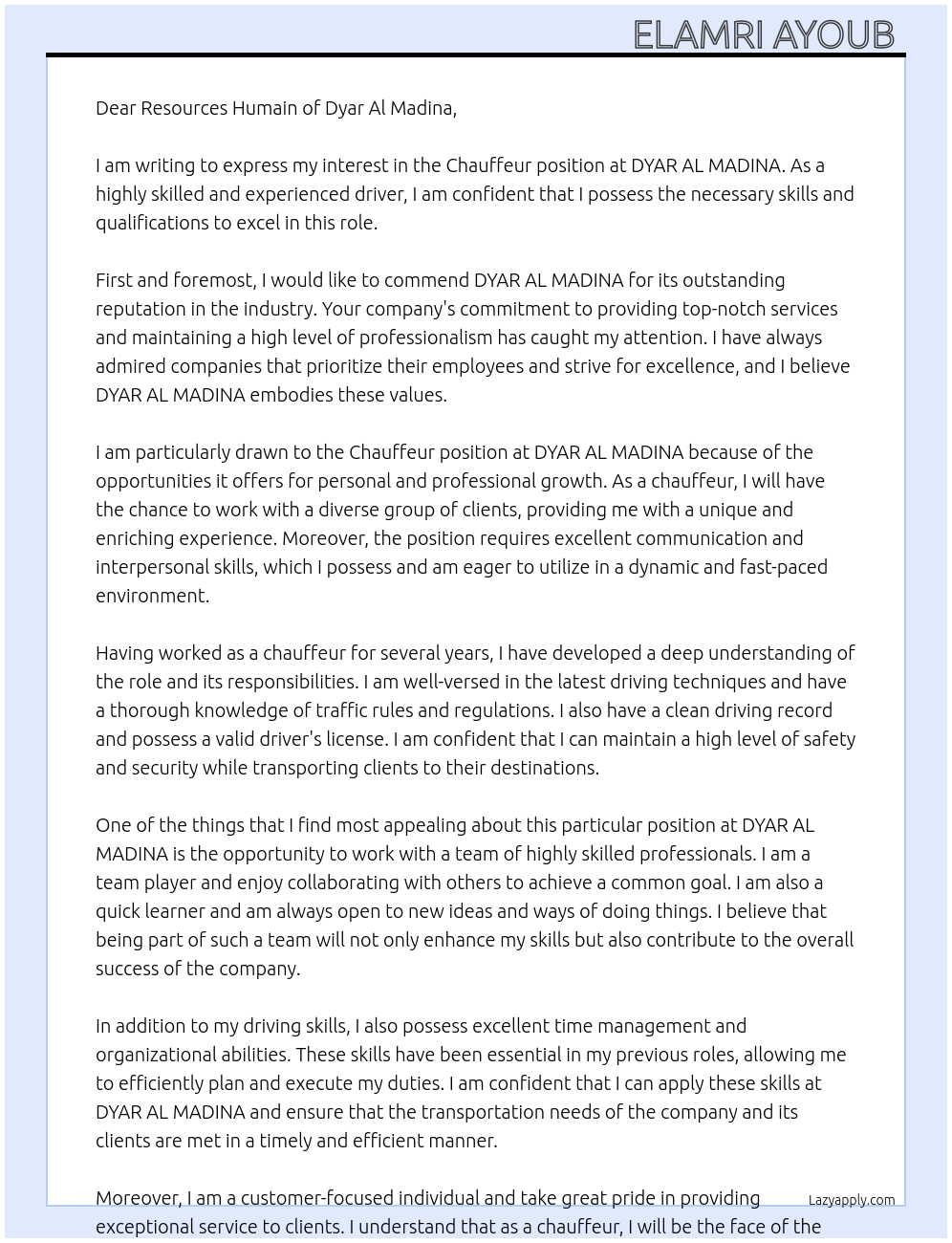 Chauffeur At DYAR AL MADINA Cover Letter