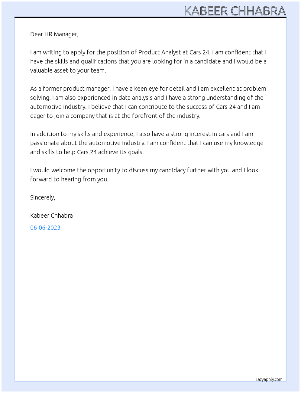 product analyst At Cars 24 Cover Letter