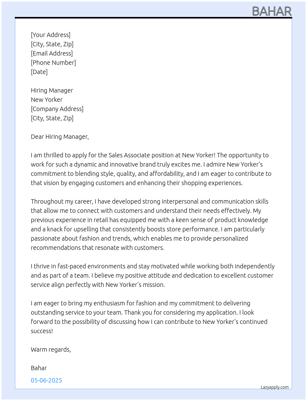 sales associate At New Yorker Cover Letter