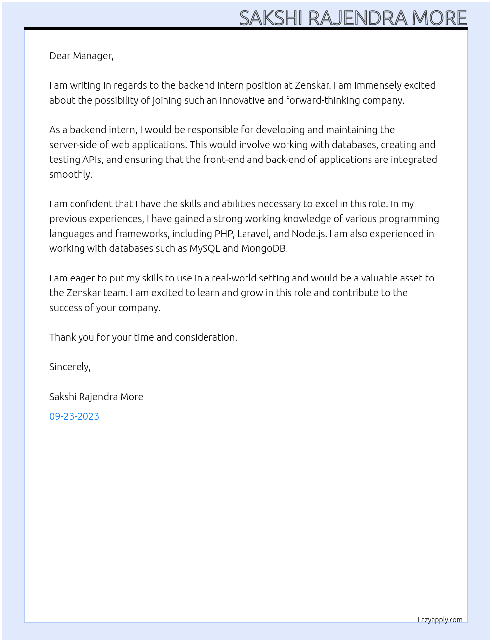 Backend Intern At Zenskar Cover Letter