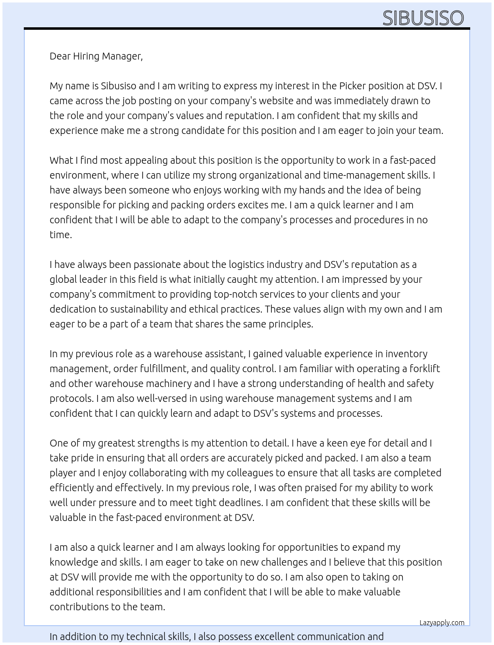 Picker At DSV Cover Letter