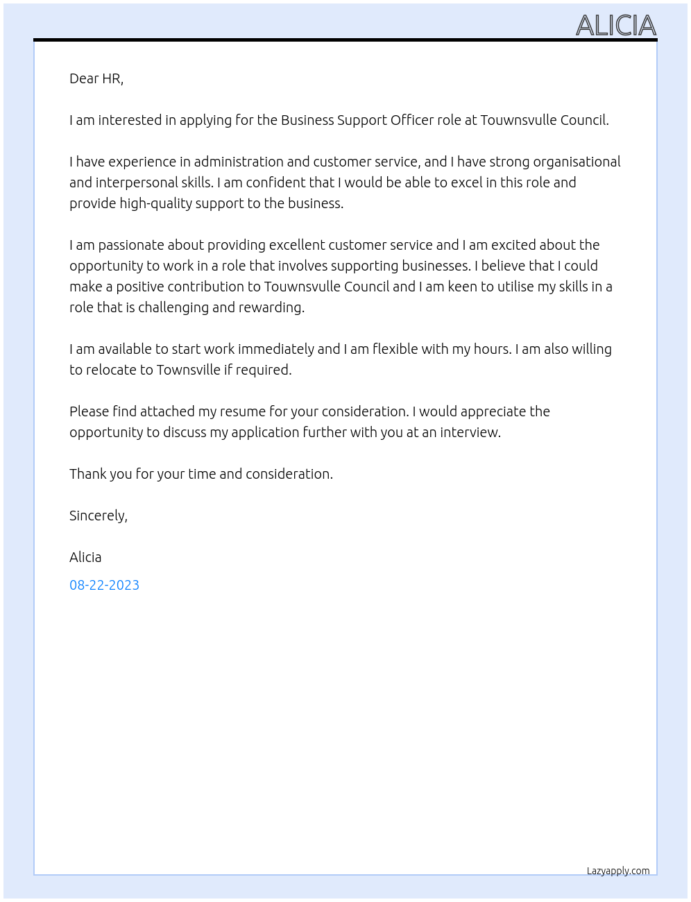 Business Support Officer At Touwnsvulle  Council Cover Letter