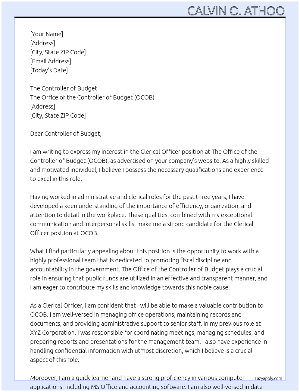 Clerical Officer At The Office of the Controller of Budget (OCOB) Cover Letter