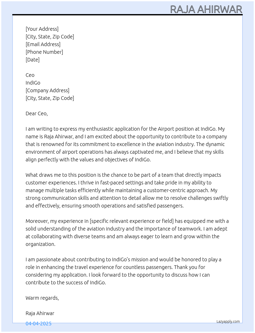 Airport At IndiGo Cover Letter