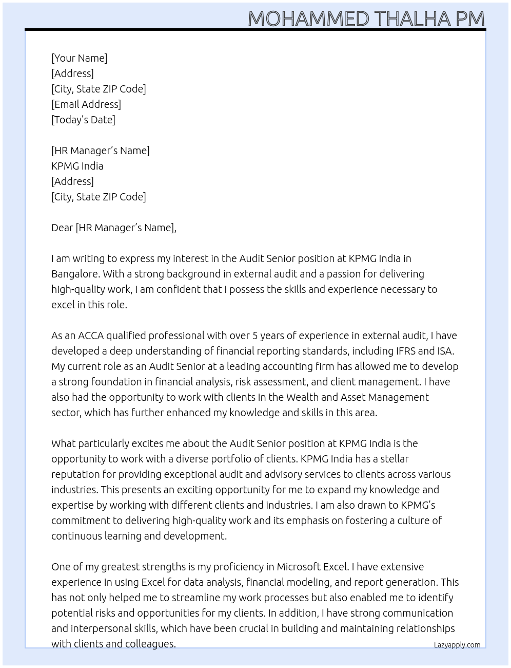 Audit Senior At KPMG India Cover Letter