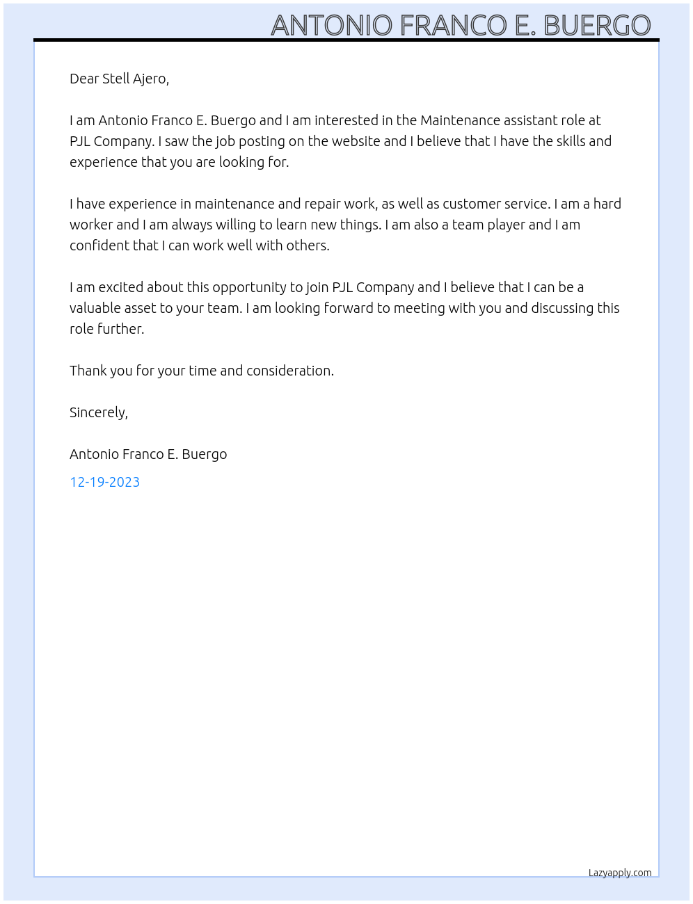 Maintenance assistant At PJL Company Cover Letter