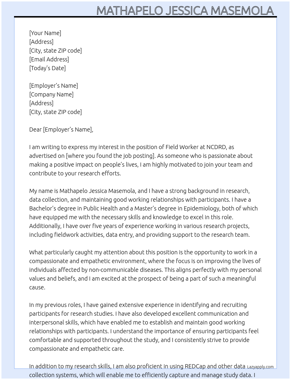 field worker At NCDRD Cover Letter