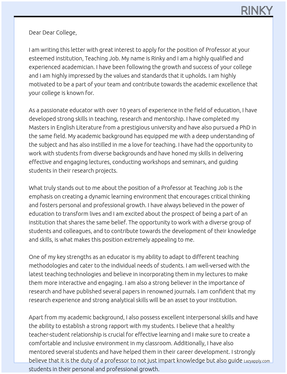 professor At TEACHING JOB Cover Letter