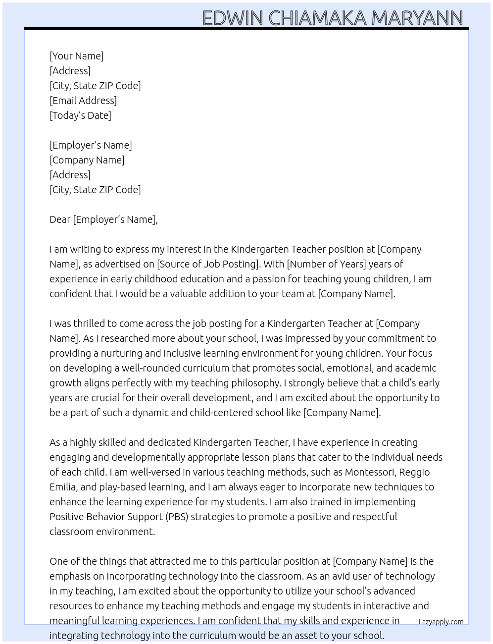 Kindergarten teacher At School Cover Letter