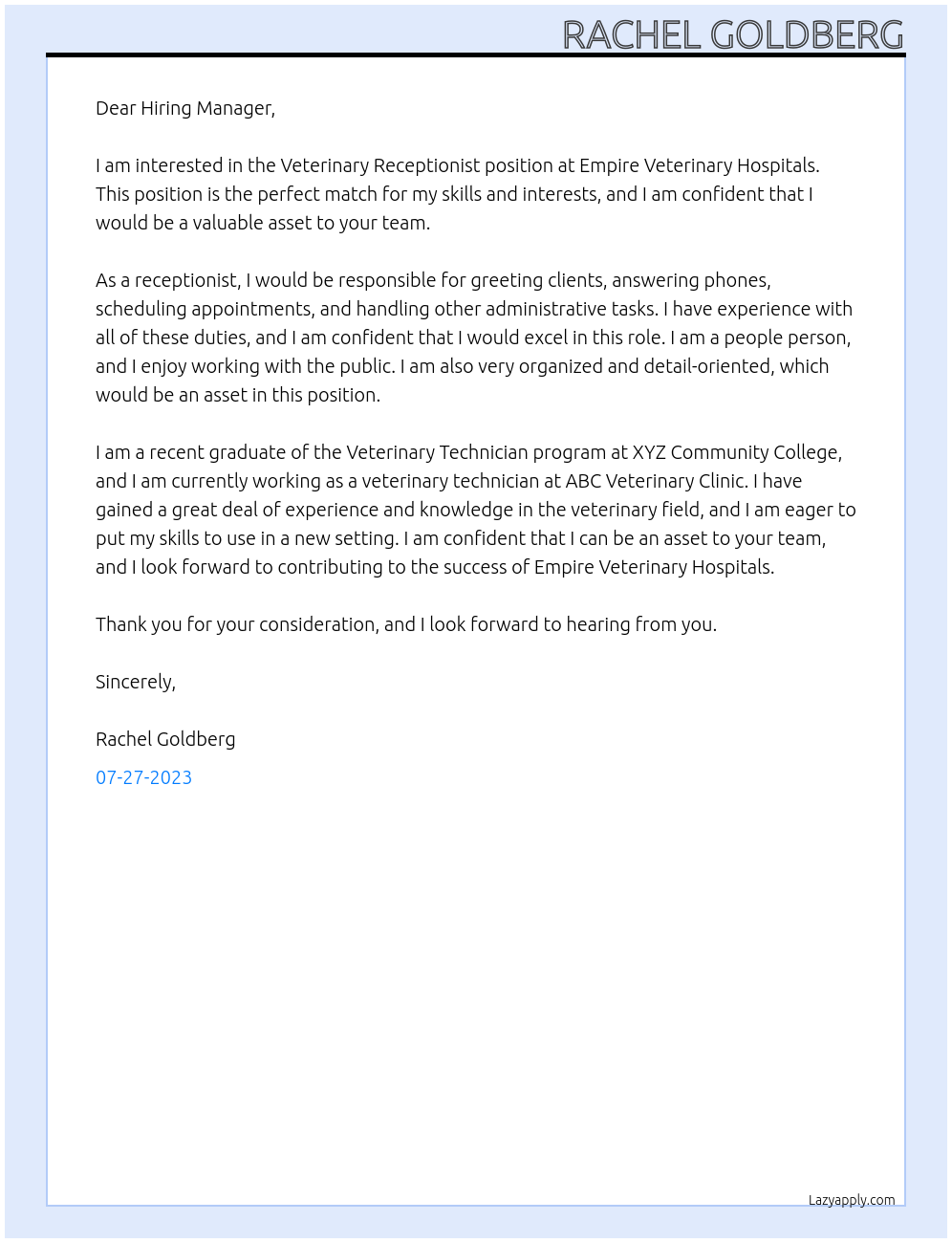 Veterinary Receptionist At Empire Veterinary Hospitals Cover Letter